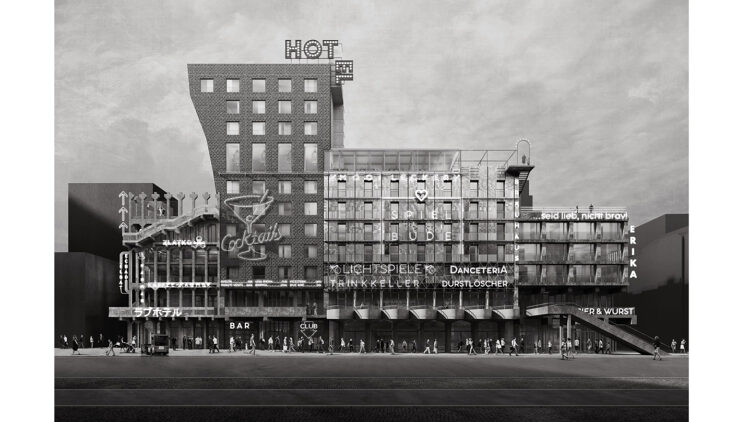 © rendering: Ponnie Images Visualisierung eines Gebäudekomplexes an einer belebten Straße