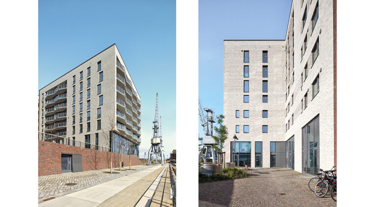 © Hartfil – Steinbrinck Architekten (Architektur) / Aloys Kiefer (Architekturfotografie) Wohngebäude mit Balkonenen mit dahinterliegendem Hafenkran