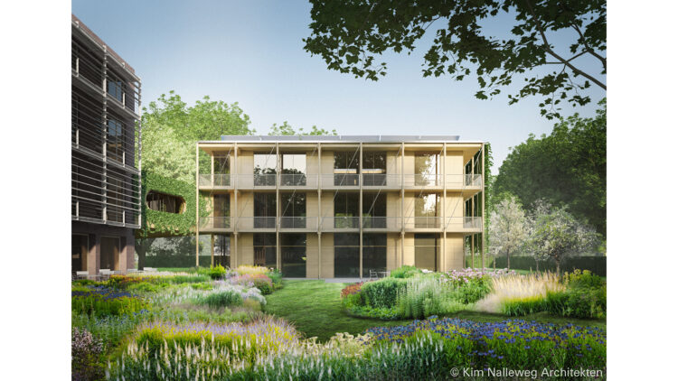 © Kim Nalleweg Architekten Visualisierung eines mehrstöckigen Hauses mit einer Gartenanlage