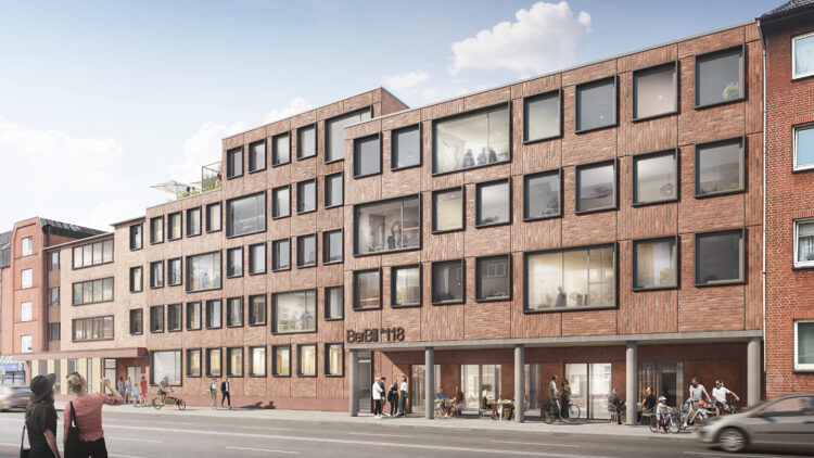 © rendertaxi Visualisierung eines Gebäudes an einer belebten Straße