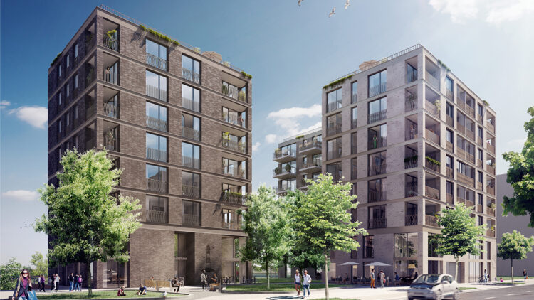 © Visualisierung: Dreidesign Visualisierung von zwei Wohngebäuden an einem begrünten Platz