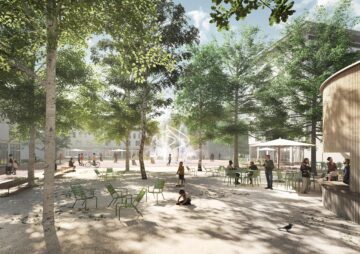 © A24 LANDSCHAFT Landschaftsarchitektur GmbH, Berlin Visualisierung eines Platzes mit Bäumen, Wasserspiel und Sitzmöglochkeiten