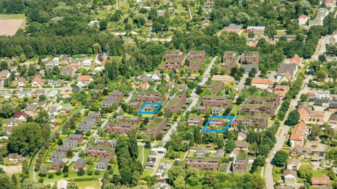 © IBA Hamburg Luftbild von Georgswerder mit Markierung zweier Grundstücke