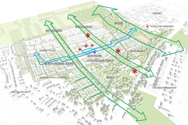 © IBA Hamburg / KCAP KunstHerbert Stadtplan mit eingezeichneten Vorschlägen für das Blau-grüne Band