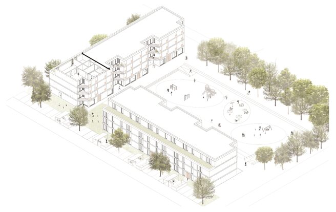 © Limbrock Tubbesing Visualisierung des Modells eines Wohnblocks mit Park