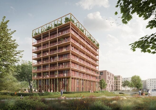© IBA Hamburg / MOKA Studio Visualisierung eines modernen Wohnhauses mit: Balkonen, Holzfassade und Dachgarten in grüner Umgebung