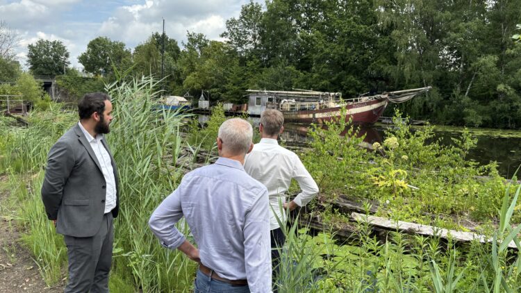 © IBA Hamburg / Arne von Maydell Drei Männer stehen im Schilf am Ufer eines Kanals und blicken auf ein altes, verwittertes Boot mit der Aufschrift Isabella