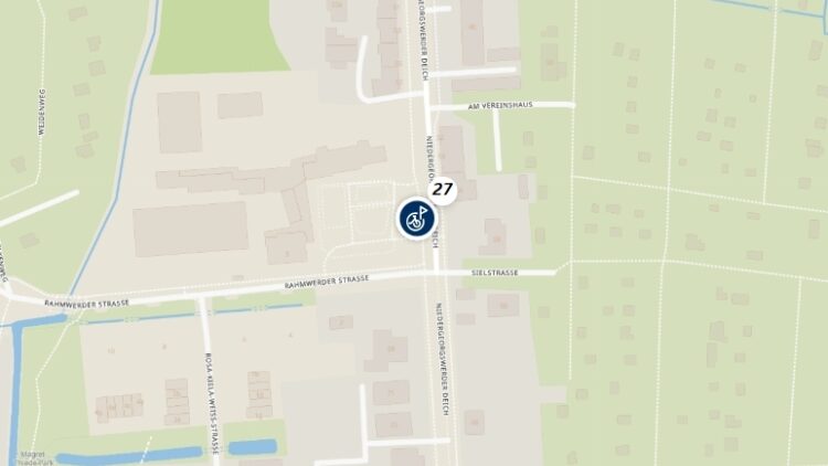 © StadtRad Hamburg Kartenausschnitt der StadtRAD-App mit dem Standort der Station „Niedergeorgswerder Deich / Rahmwerder Straße“. Die Karte zeigt zum Zeitpunkt der Aufnahme 27 verfügbare Fahrräder.