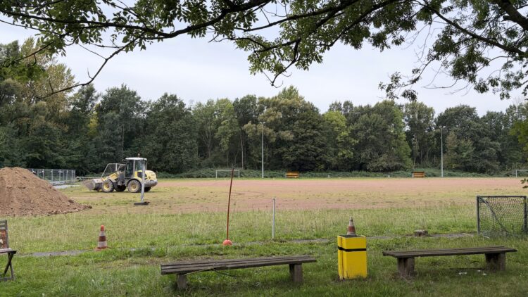 © IBA Hamburg / Christina Pfeif-Hecht Bagger, Sandhaufen, im Hintergrund Baumgruppe