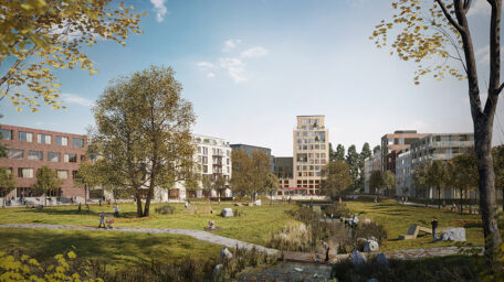 Visualisierung einer Grünfläche im Elbinselquartier