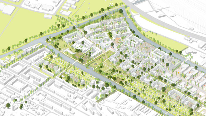 © IBA Hamburg / Hosoya Schaefer Architects AG mit AGENCE TER Wettbewerbsskizze der Nord-Süd-Achse des Elbinselquartiers