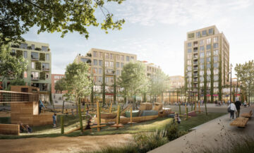 © IBA Hamburg / moka Studios Visualisieurng von Häusern mit Spielplatz im Elbinselquartier
