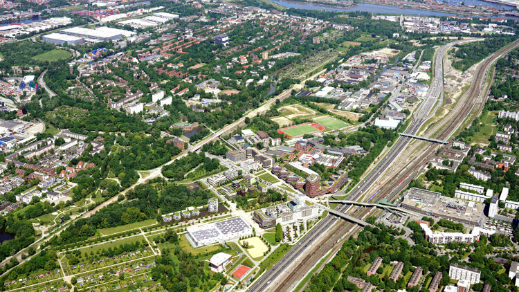 © IBA Hamburg / Matthias Friedel Luftbild der drei Projektgebiete in Wilhelmsburg 2022