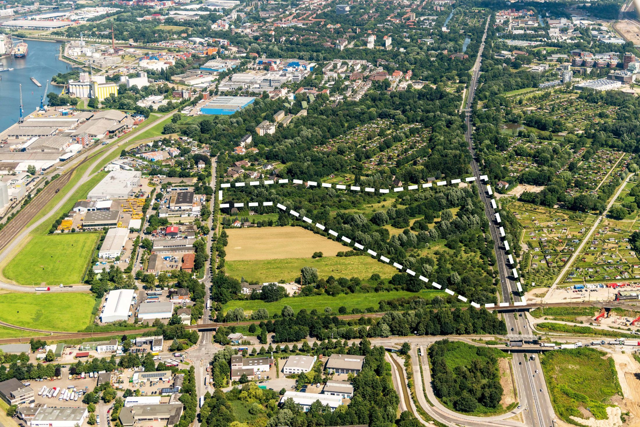 Inselparkquartier Haulander Weg Luftbild mit Projektgebietsgrenze