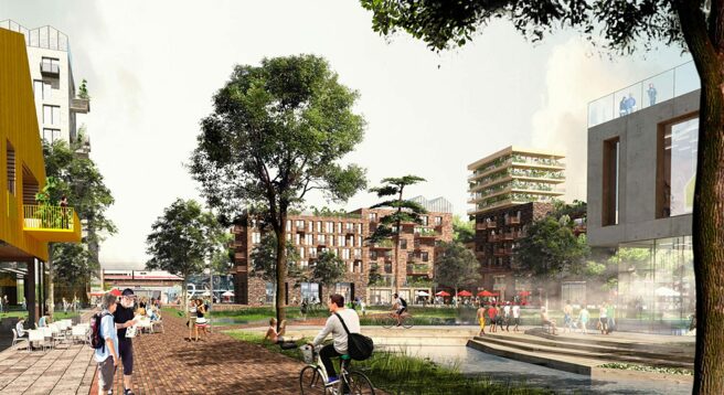 © IBA Hamburg / ADEPT mit Karres + Brands Visualisierung des zentralen Platzes in Oberbillwerder