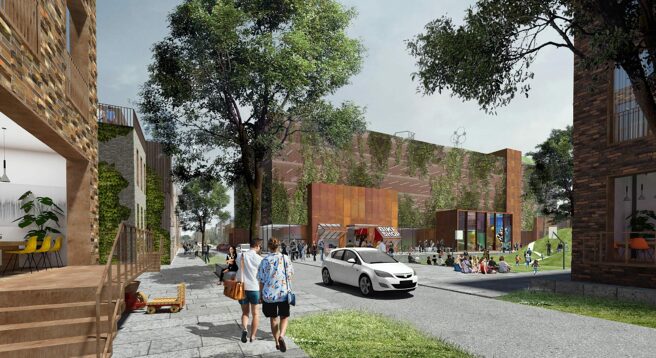 © IBA Hamburg / ADEPT mit Karres + Brands Visualisierung einer Straße mit Mobility Hub in Oberbillwerder