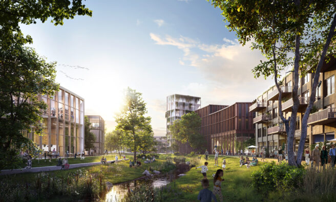 © IBA Hamburg / ADEPT mit Karres + Brands Visualisierung, Blick von der zentralen Achse in den Grünen Loop mit Bäumen, Grünfläche mit Personen und Gewässser, am Rand mehrgeschossige Wohnhäuser