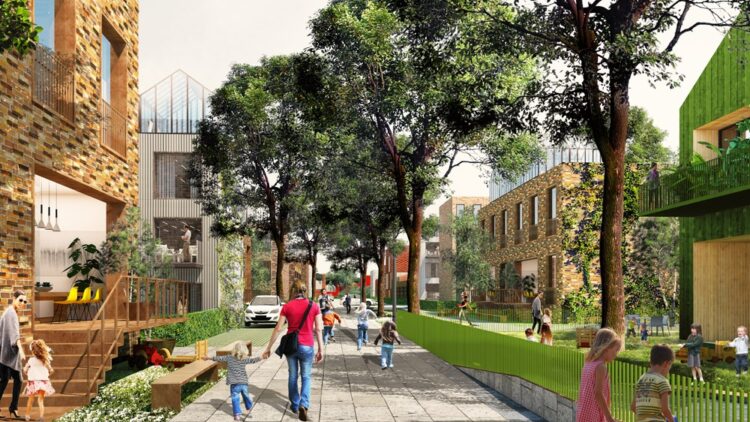 © IBA Hamburg / ADEPT mit Karres + Brands Begrüntes Quatier mit belebten Fußgängerweg