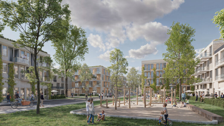 © IBA Hamburg / bloomimages Begrüntes Quartier mit Spielplatz