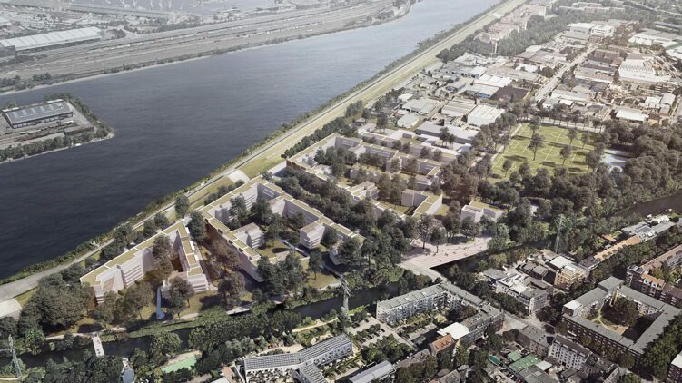 © IBA Hamburg / BIWERMAU Architekten mit WES LandschaftsArchitektur Luftbildvisualisierung des Siegerentwurfs für das Spreehafenviertel