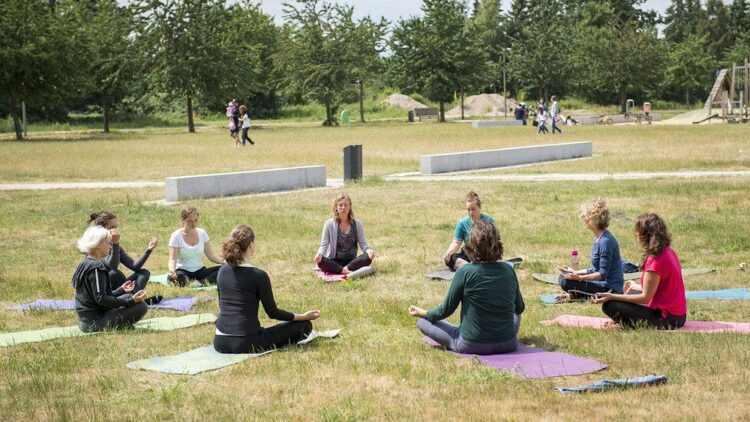 © IBA Hamburg GmbH / Andreas Bock Menschen machen Yoga im Park