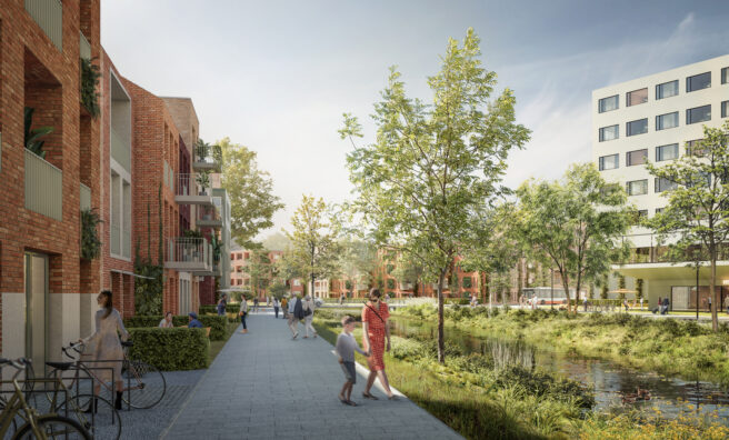 © IBA Hamburg / moka Studios Visualisierung einer Straßenansicht im Wilhelmsburger Rathausviertel