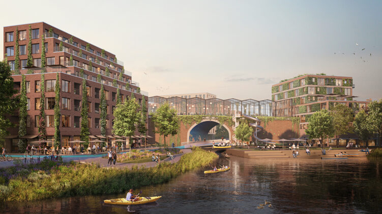 © IBA Hamburg / moka Studios Visualisierung des Bürgerhaussees mit umliegender Bebauung im Wilhelmsburger Rathausviertel