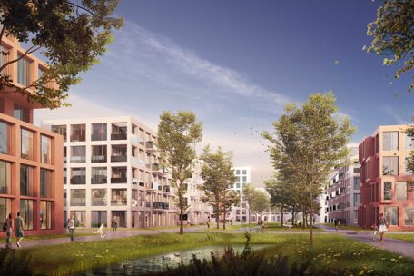 © IBA Hamburg / DeZwarteHond / RMP Stephan Lenzen Landschaftsarchitekten Visualisierung von Wohngebäuden im Wilhelmsburger Rathausviertel