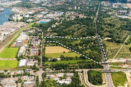 © IBA Hamburg GmbH / Falcon Crest Air Luftbild mit Projektgebietsgrenze des Inselparkquartiers
