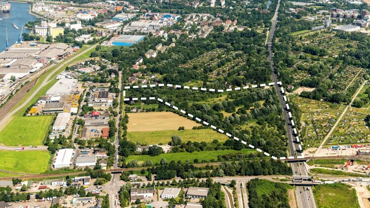 © IBA Hamburg GmbH / Falcon Crest Air Luftbild mit Projektgebietsgrenze des Inselparkquartiers