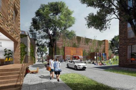 © ADEPT mit Karres + Brands / IBA Hamburg Visualisierung eines Straßenraums mit Mobility Hub in Oberbillwerder