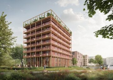 © IBA Hamburg / MOKA Studio Visualisierung eines modernen Wohnhauses mit: Balkonen, Holzfassade und Dachgarten in grüner Umgebung